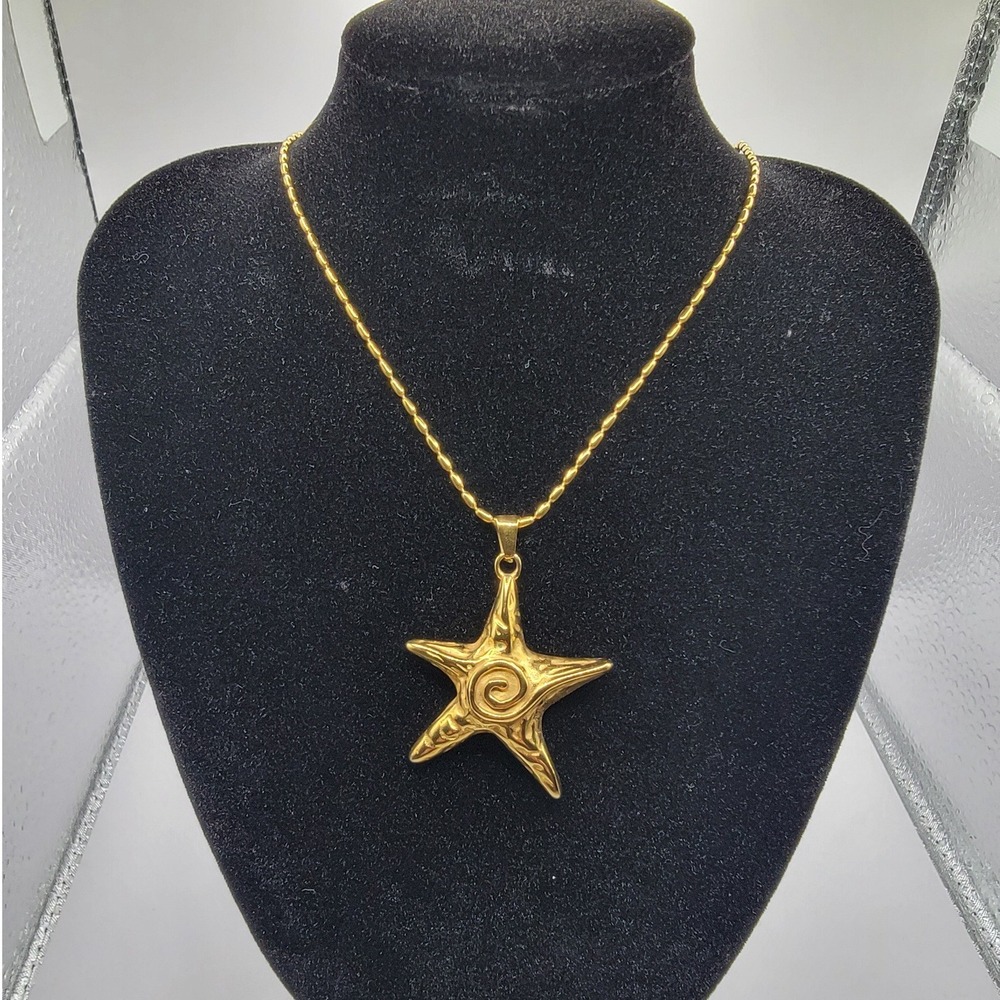 Gold Starfish Spiral Pendant Necklace S-Steel Nautical Beach Jewelry